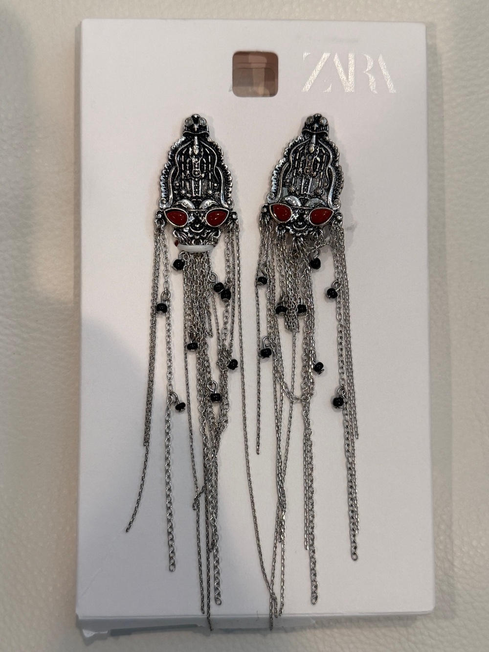 ZARA Silver-tone Red & Black Chain Fringe Hamsa Drop Earrings